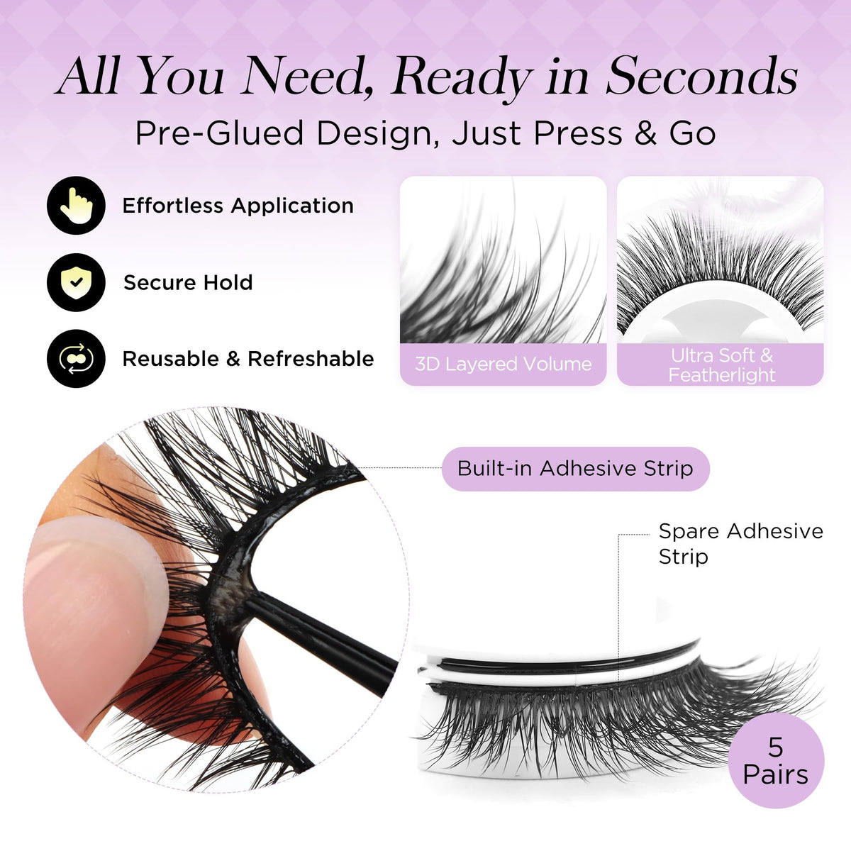 BEYELIAN Self Adhesive Eyelashes, Pre Glued Wispy False Lashes Strip Lash