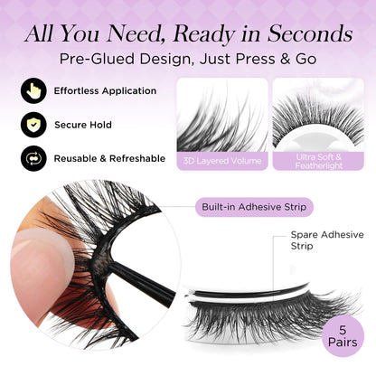 BEYELIAN Self Adhesive Eyelashes, Pre Glued Wispy False Lashes Strip Lash