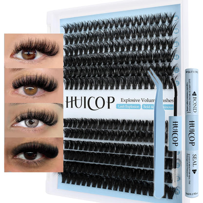 Huicop 60D+80D Eyelash Extensions Kit With 240pcs 3D Fluffy Thick Cluster Lashes, Lash Bond, Lash Seal, Tweezers for Beginners(Mage Volume 60D+80D-10-16mm KIT)