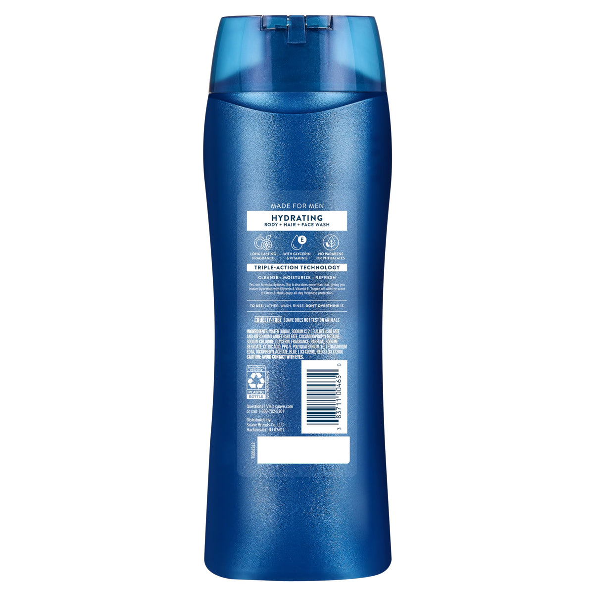 Suave Men Hydrating 3-in-1 Body + Hair + Face Wash with Glycerin & Vitamin E, Cleanse, Moisturize, Refresh, No Parabens or Pthalatates, Long-Lasting Fragrance, 18 FL OZ