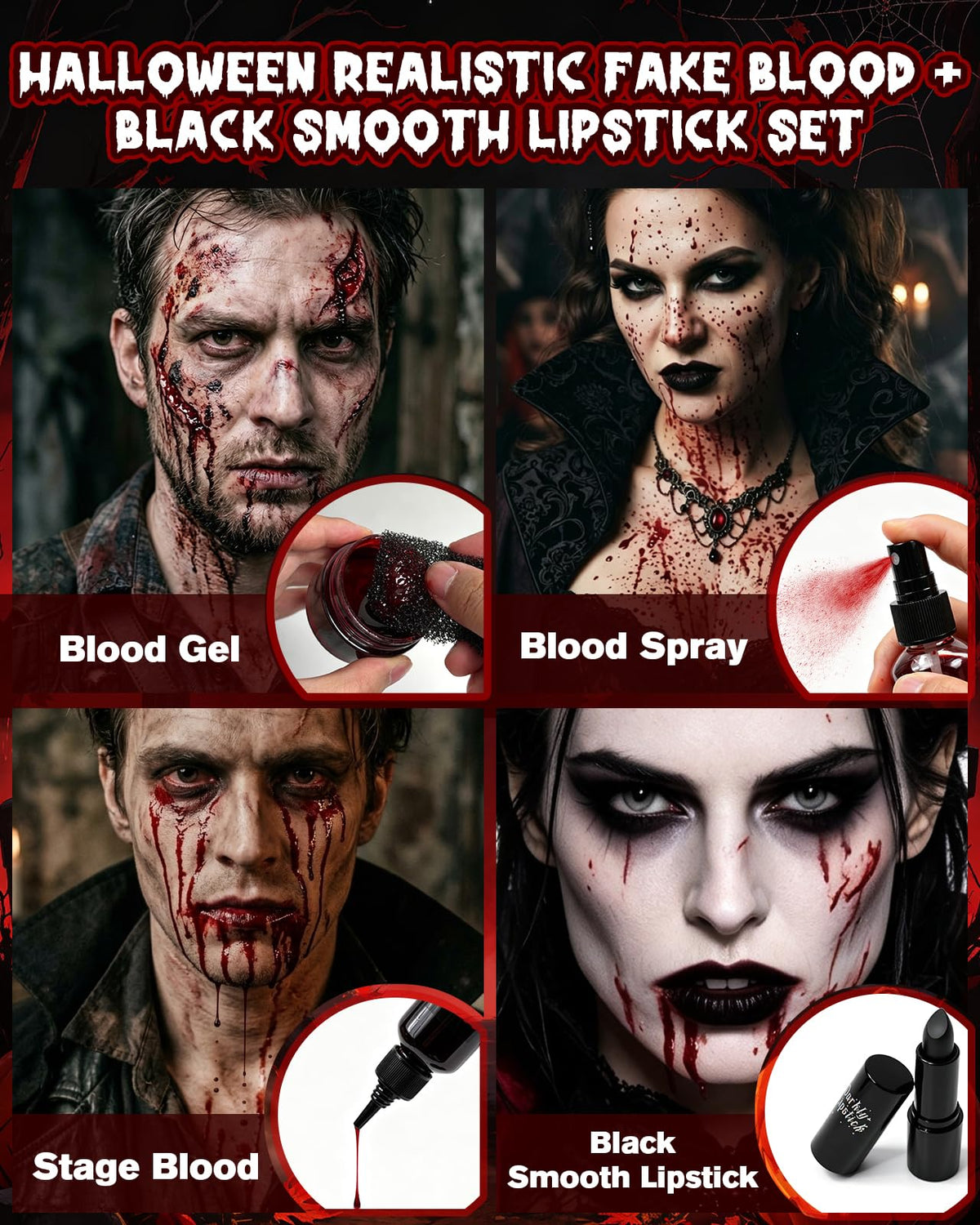 Halloween Fake Blood Kit, 2 × 60ml (2 fl oz each) Large Capacity with Spray Drip Blood, 30g Coagulated Gel and Black Lipstick for Vampire Zombie Clown Demon Ghoul Slasher Cosplay SFX Makeup Kit