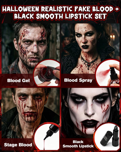 Halloween Fake Blood Kit, 2 × 60ml (2 fl oz each) Large Capacity with Spray Drip Blood, 30g Coagulated Gel and Black Lipstick for Vampire Zombie Clown Demon Ghoul Slasher Cosplay SFX Makeup Kit