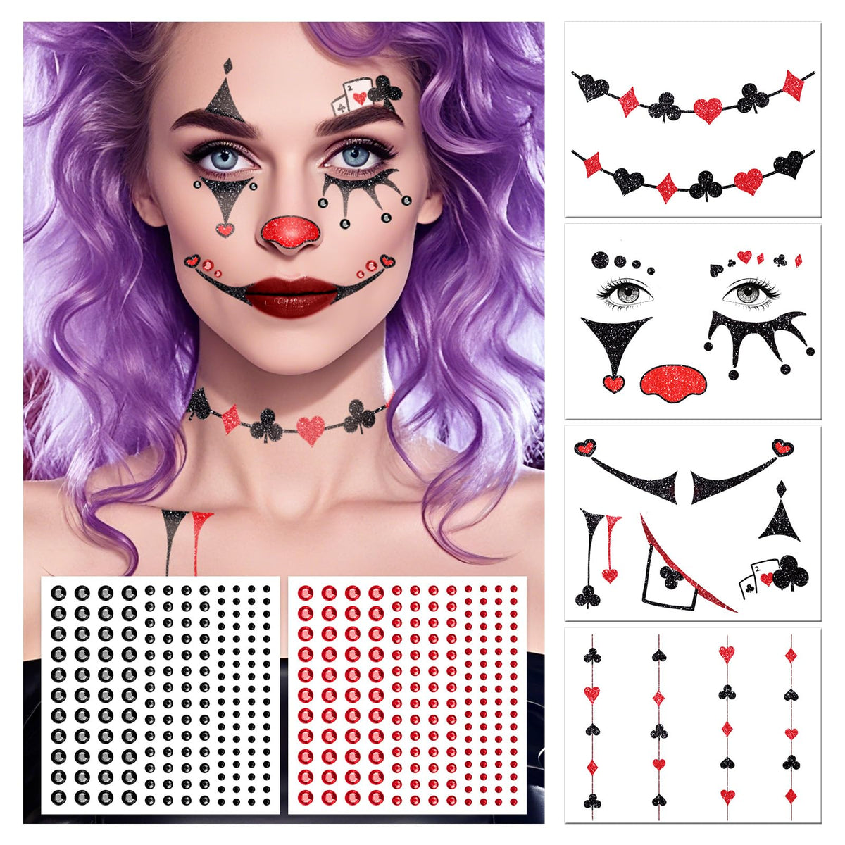 Halloween Clown Face Makeup Temporary Tattoos+Black Red Faces Gems