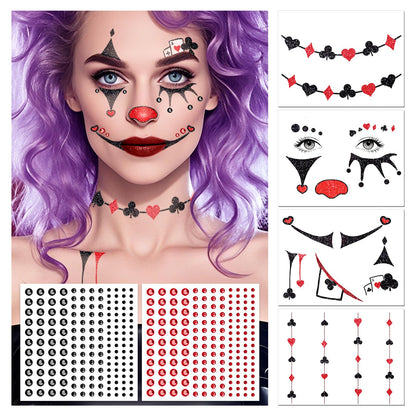 Halloween Clown Face Makeup Temporary Tattoos+Black Red Faces Gems