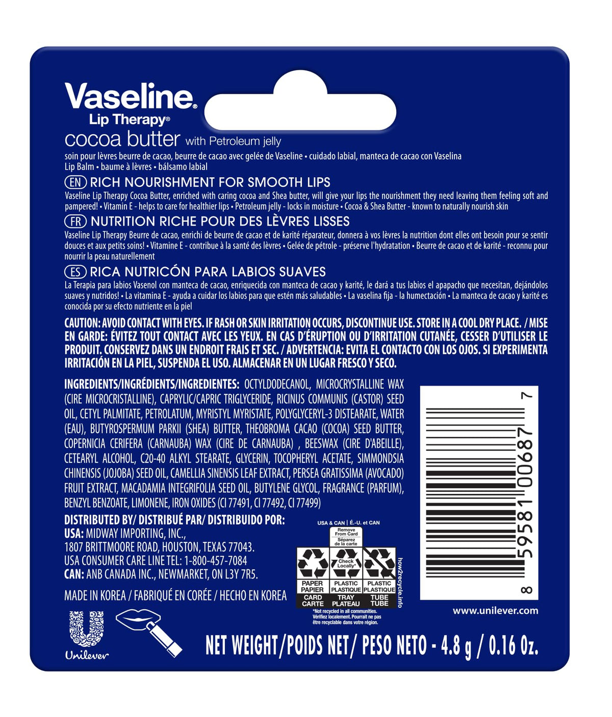 Vaseline Lip w/o Backer Card Cocoa - 12 Pack Box