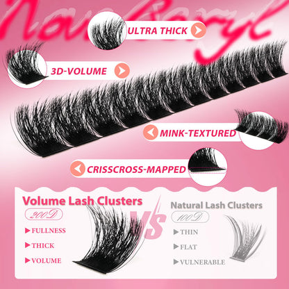 NovaBeryl Lash Clusters Kit, Fluffy 200D Thick Volume Lash Clusters 10–18mm, Individual Fluffy Cluster Lashes with Bond & Seal and Tweezers, DIY Eyelash Extension Kit