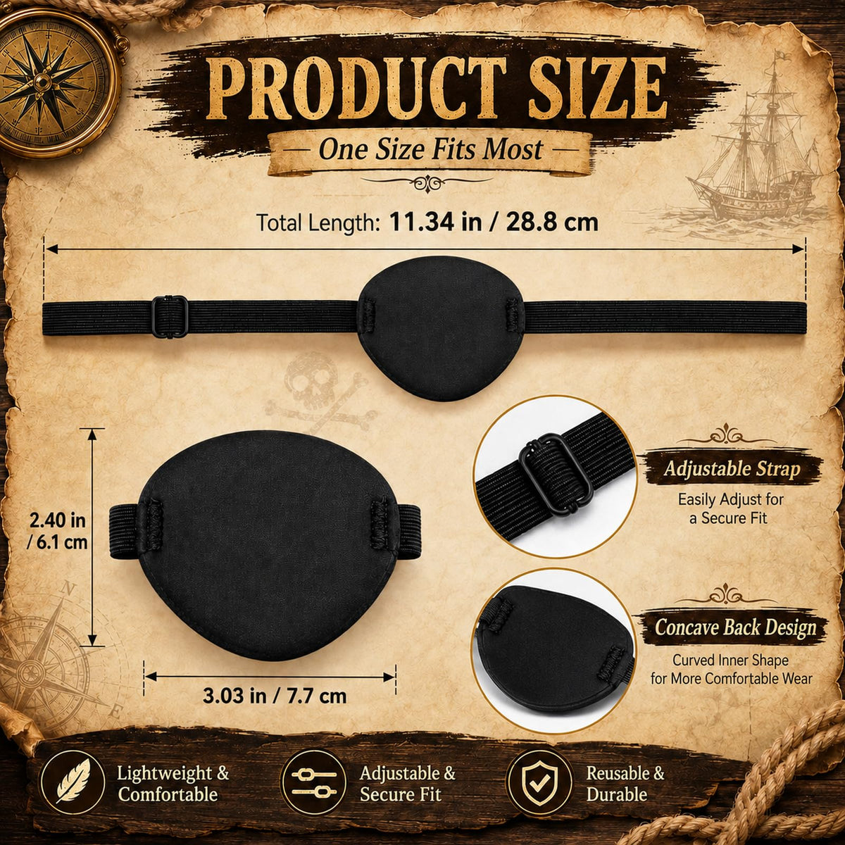 Oarkive Eye Patch for Adults – Soft Black Eyepatch for Pirate Costume, Cosplay, Halloween, Adjustable Eye Patches for Dress Up