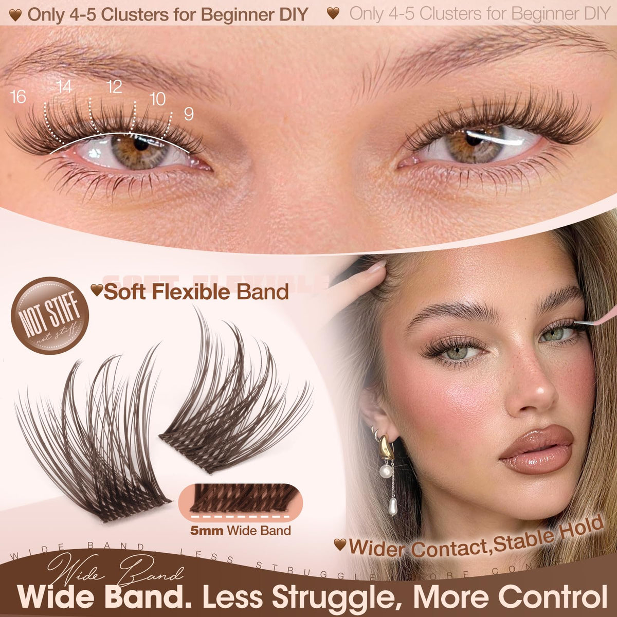 Yawamica Wispy Brown Lash Clusters Fluffy Brown Eyelash Clusters 9-16mm