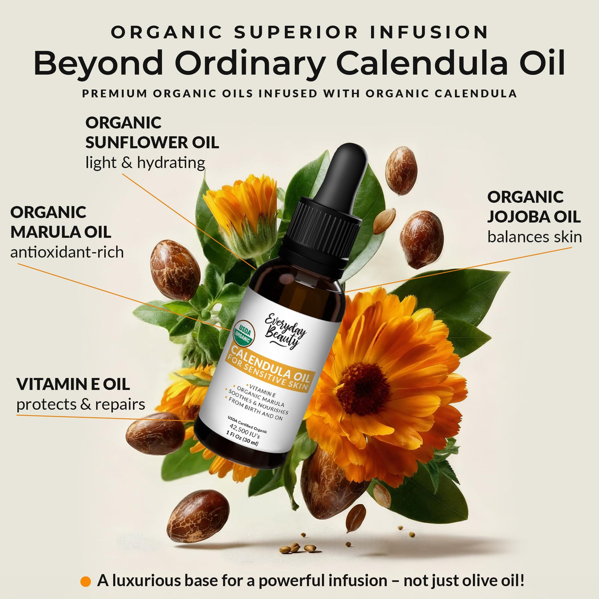 Organic Calendula Oil For Sensitive Skin - USDA Certified 100% Natural Plant Based, Lightweight & Unscented Gentle Soothing Oil For Sensitive Skin - For Face, Skin & All Over - 1 Fl Oz Glass Dropper