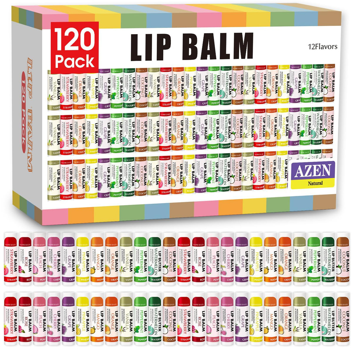 AZEN 120 Pack Lip Balm Bulk, Moisturizing Lip Balms for dry cracked lips, Valentines Gifts Easter Basket Stuffers - 12 Flavors