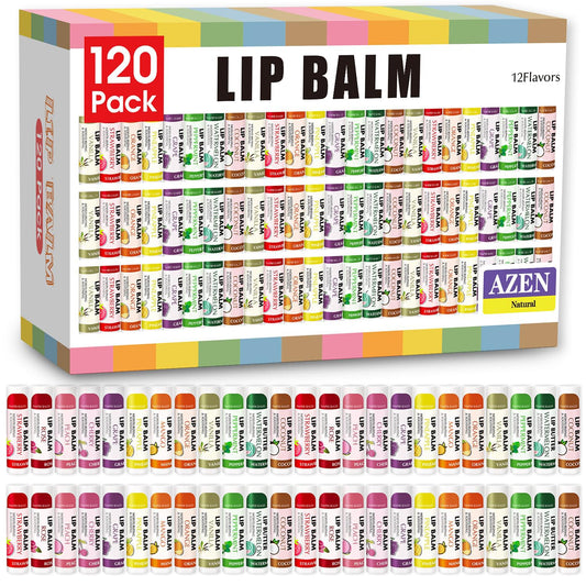AZEN 120 Pack Lip Balm Bulk, Moisturizing Lip Balms for dry cracked lips, Valentines Gifts Easter Basket Stuffers - 12 Flavors
