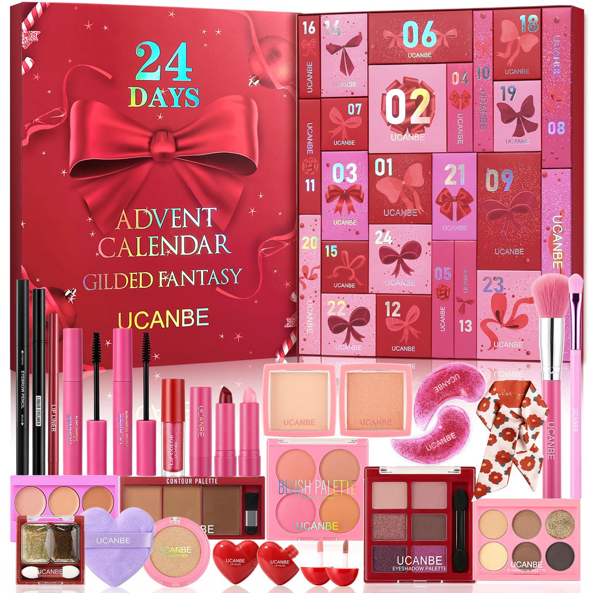 UCANBE 2026 Makeup Advent Calendar, 24-Day Christmas Makeup Gift Set for Women & Teen Girls, 2026 Xmas Beauty & Cosmetic Essentials Countdown Calendar Holiday Surprise Make Up Gift Kits Full Kit (Red)