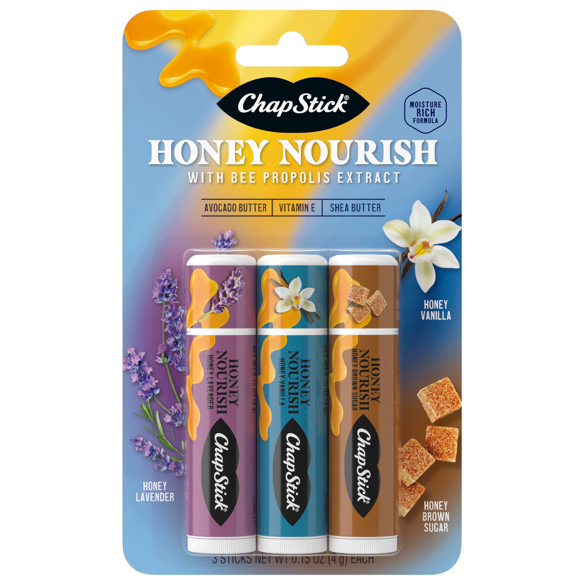 ChapStick Lip Balm Honey Nourish, Moisturizing Formula with Shea Butter and Avocado Butter, Vitamin E, Flavors Lavender, Vanilla, Brown Sugar, 3CT .45OZ