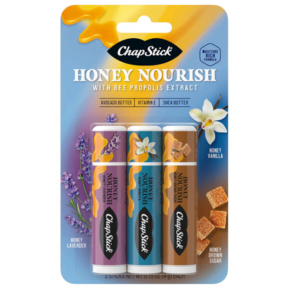 ChapStick Lip Balm Honey Nourish, Moisturizing Formula with Shea Butter and Avocado Butter, Vitamin E, Flavors Lavender, Vanilla, Brown Sugar, 3CT .45OZ