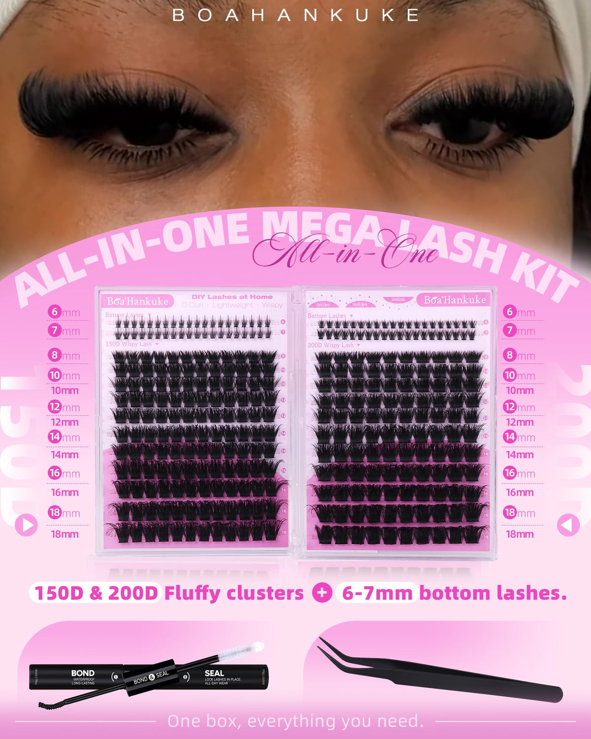 Fluffy Lash Clusters Kit with Bottom Lashes Volume Eyelash Extension Kit 150D+200D Thick Eyelash Clusters Kit 8-18MM Wispy Individual Lashes with Waterproof Lash Bond&Seal D Curl Lash Extension kit
