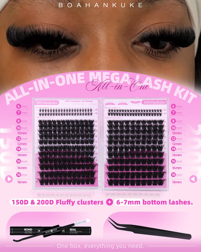 Fluffy Lash Clusters Kit with Bottom Lashes Volume Eyelash Extension Kit 150D+200D Thick Eyelash Clusters Kit 8-18MM Wispy Individual Lashes with Waterproof Lash Bond&Seal D Curl Lash Extension kit