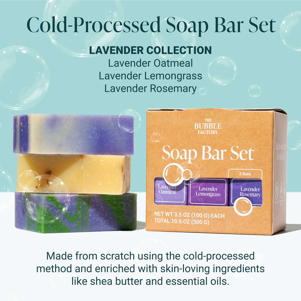 The Bubble Factory Handmade Natural Bath & Body Soap Bar, Vegan, All-Natural, Palm Oil Free, Made in USA with Shea Butter + Essential Oils, Lavender Collection, 3 Bars