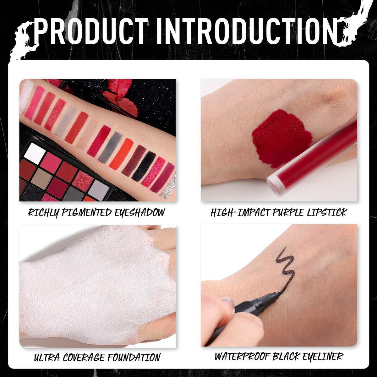 UCANBE Halloween Makeup Kit – 15-Color Red Eyeshadow Palette, White Liquid Foundation, Red Liquid Lipstick, Black Eyeliner, Setting Powder & Sponges Makeup Set for SFX Cosplay Costume Clown Vampire