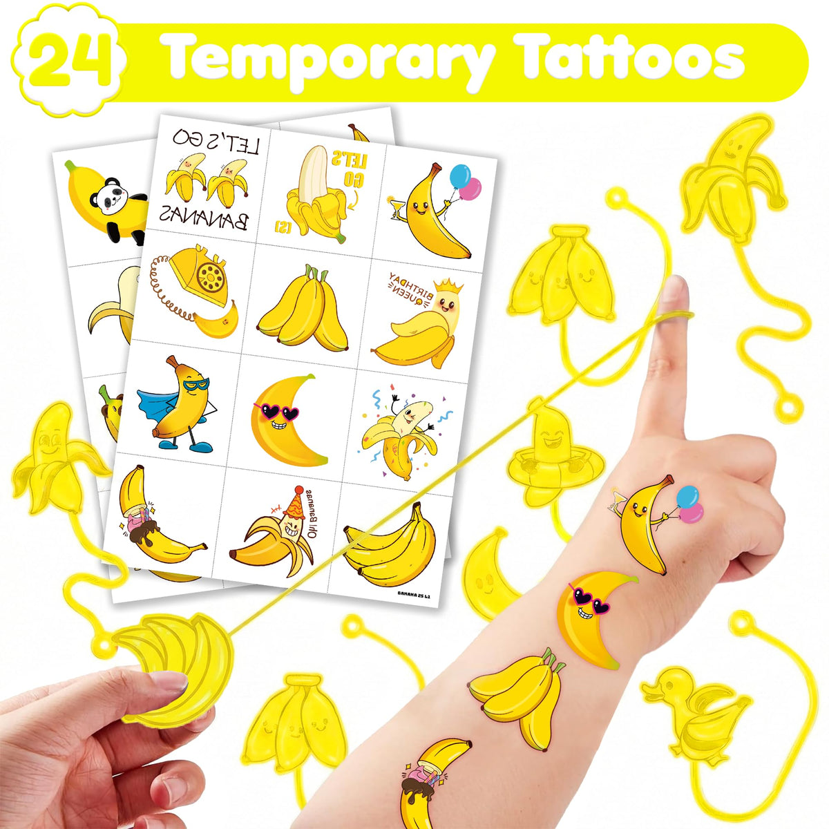 48PCS Banana Party Favors - 24 Temporary Tattoos & 24 Stick Hands