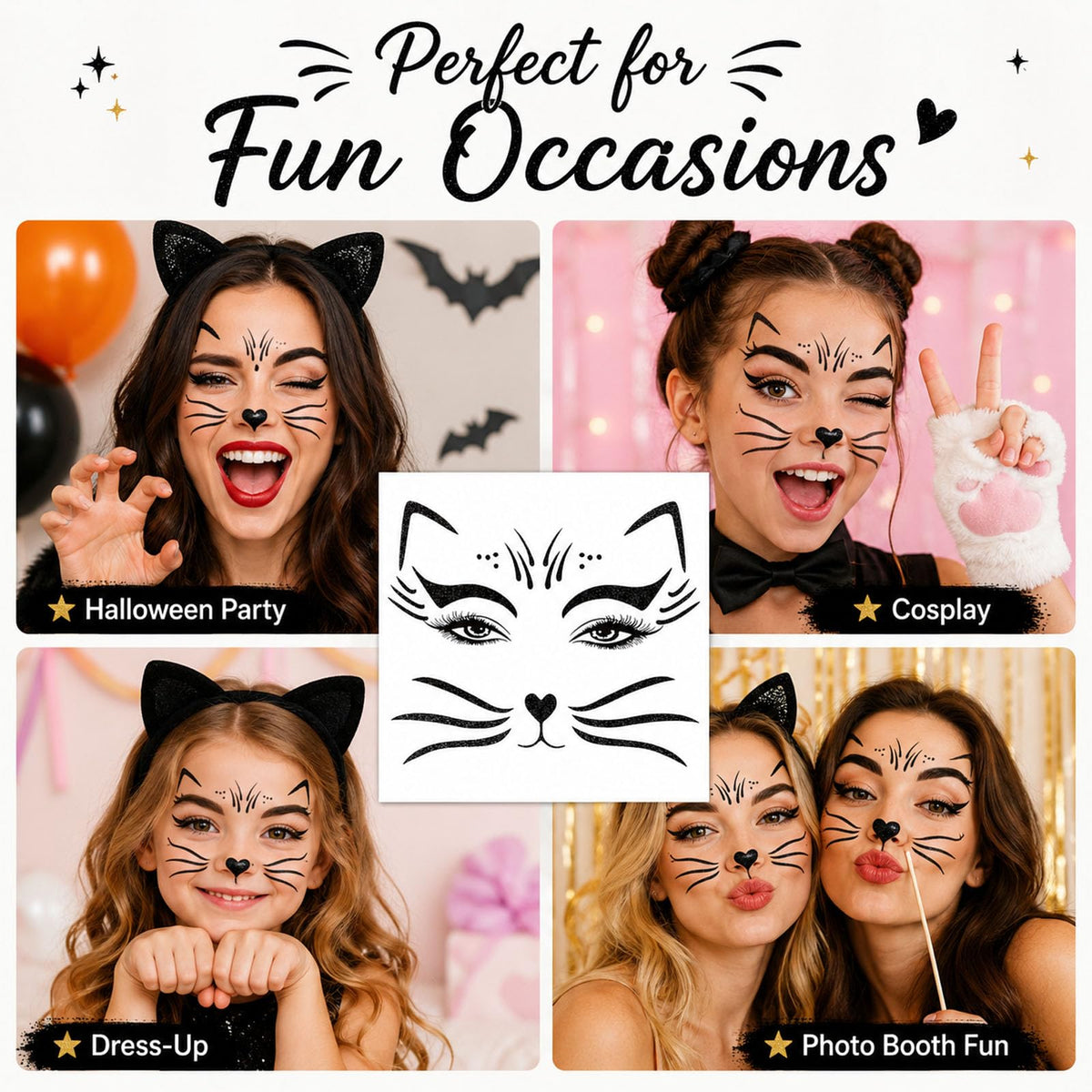 Black Glitter Cat Face Sticker for Kids Cat Face Paint Stickers