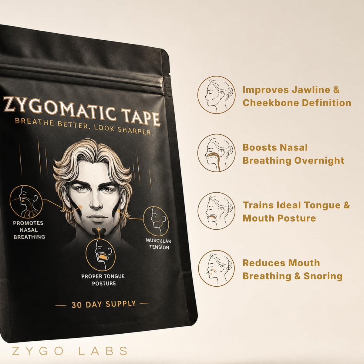 Zygomatic Face Tape - Zygo Tape Face Strips for Facial Posture & Definition | Skin-Friendly Cotton Face Tape for Men & Women, Daily Myofunctional Habits - 120 Strips, 30 Day Supply