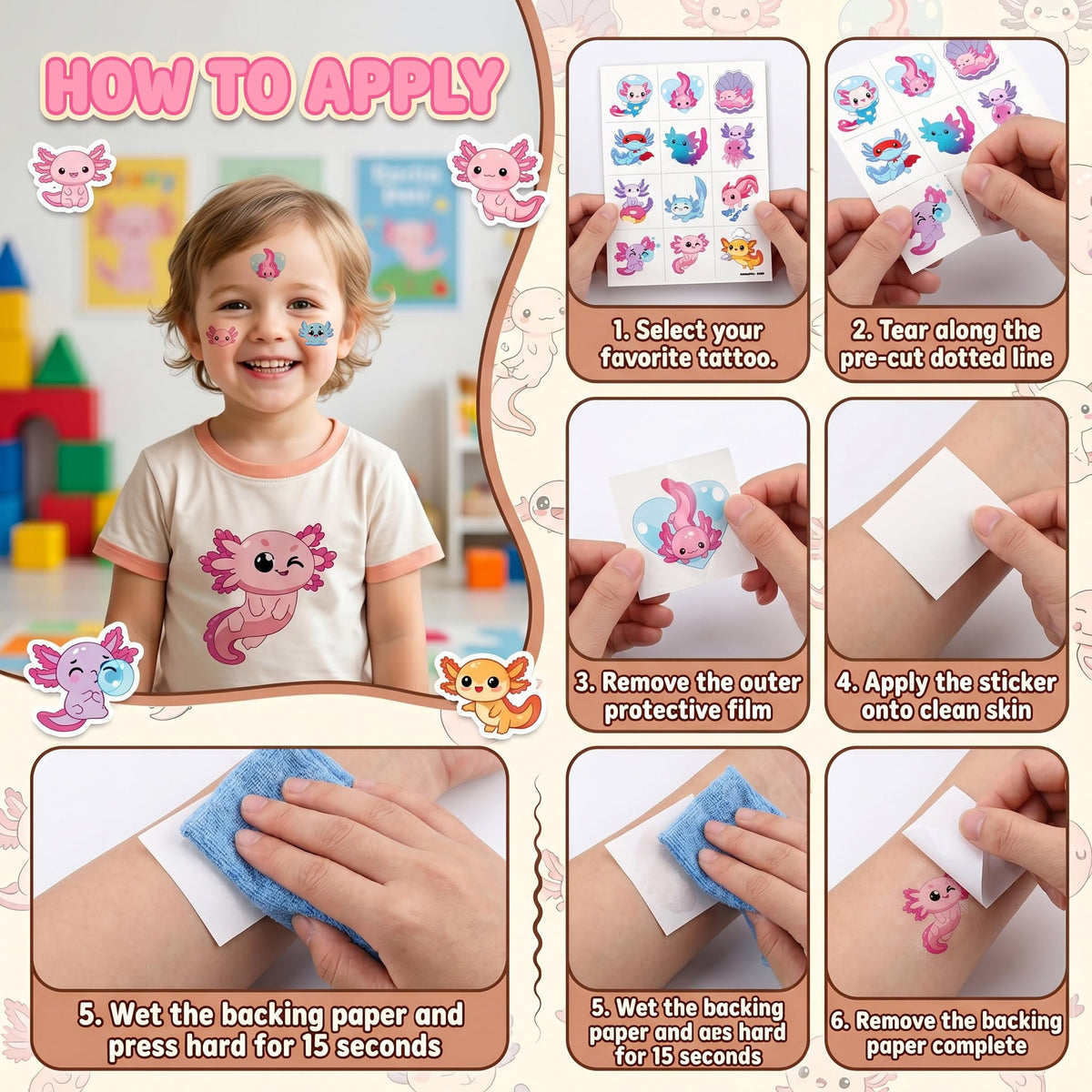 120 PCS Pink Cute Axolotl Pre-Cut Temporary Tattoos for Kids