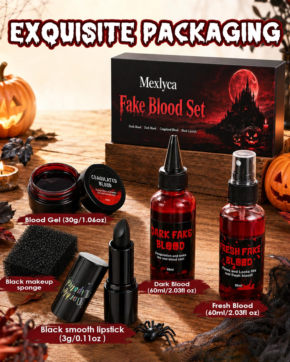Halloween Fake Blood Kit, 2 × 60ml (2 fl oz each) Large Capacity with Spray Drip Blood, 30g Coagulated Gel and Black Lipstick for Vampire Zombie Clown Demon Ghoul Slasher Cosplay SFX Makeup Kit