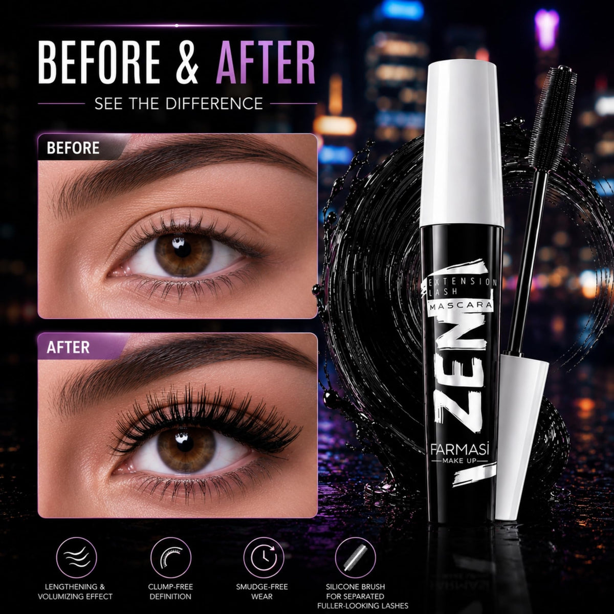 Farmasi Zen Extension Lash Mascara, Volumizing, Lengthening, Blackest