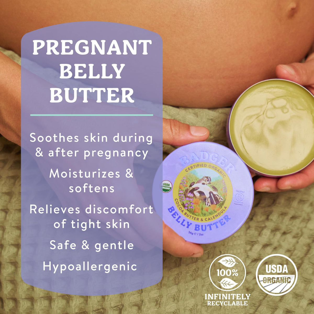 Badger Organic Belly Butter, Cocoa Butter & Coconut, 2 oz Tin