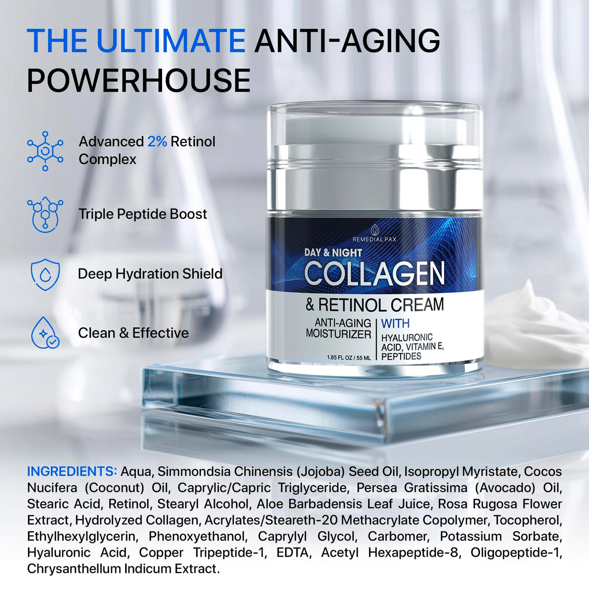 Collagen Face Cream with Retinol & Hyaluronic Acid - Women&Men, Day&Night