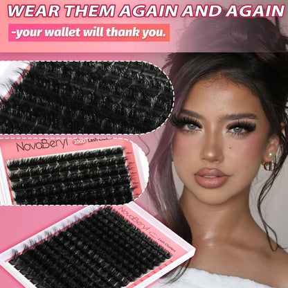 NovaBeryl Lash Clusters Kit, Fluffy 200D Thick Volume Lash Clusters 10–18mm, Individual Fluffy Cluster Lashes with Bond & Seal and Tweezers, DIY Eyelash Extension Kit