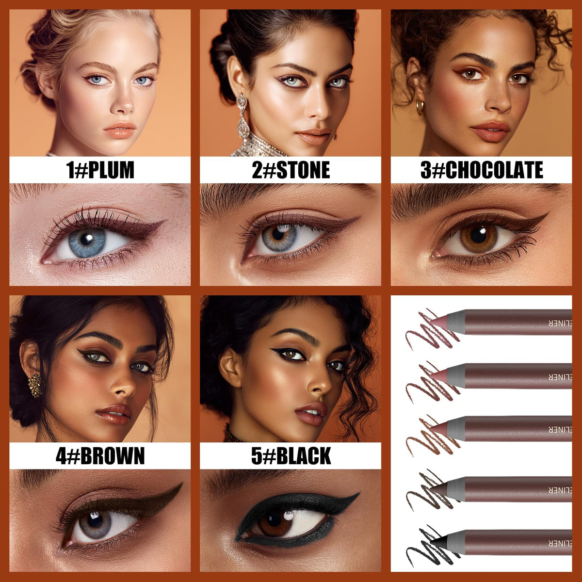 Pinkiou 5 Colors Waterproof Eyeliner Pencil Set,Smooth Creamy Formula