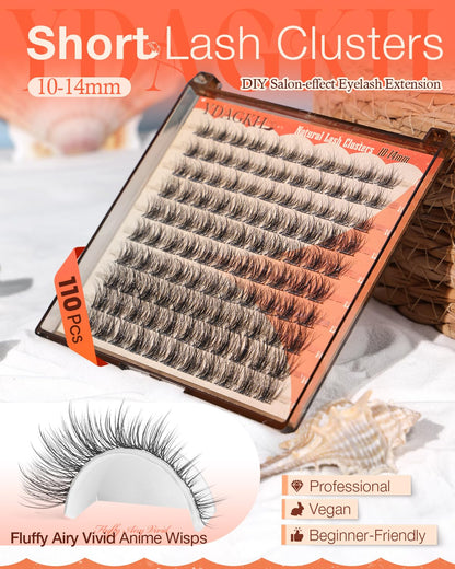 Spikes Lash Clusters Natural Fluffy Cluster Lashes Short 10-12-14mm CD Curl Wispy Cluster Eyelash Extensions Anime Fairy Eyelash Clusters DIY Clear Band Individual Lash Extension Born Doll Manga Look