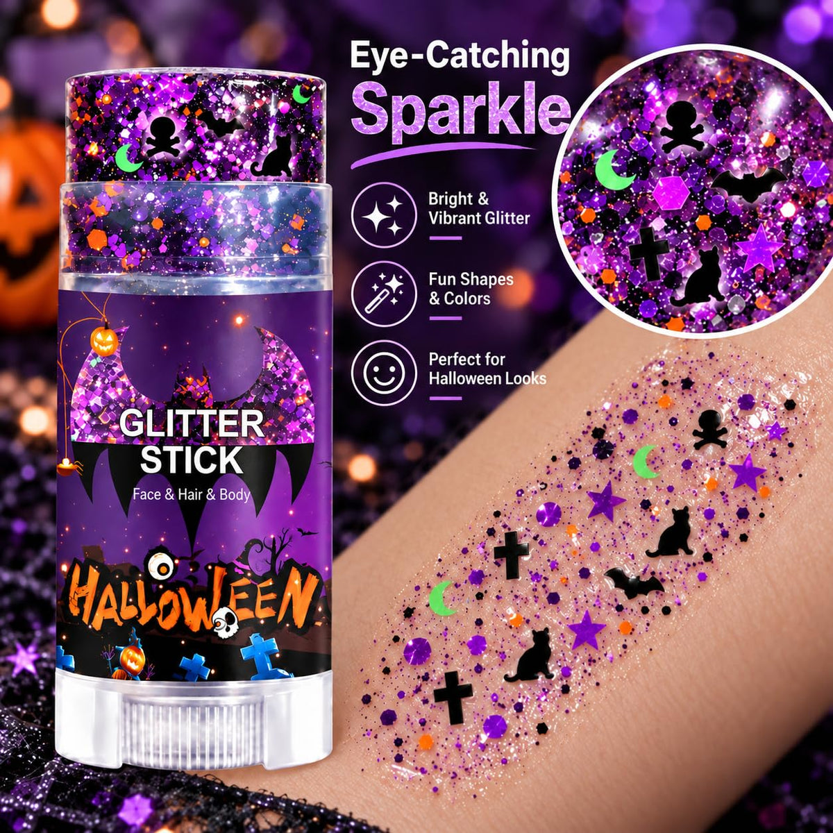 Halloween Face Body and Hair Glitter Stick, Black Purple Body Glitter Gel