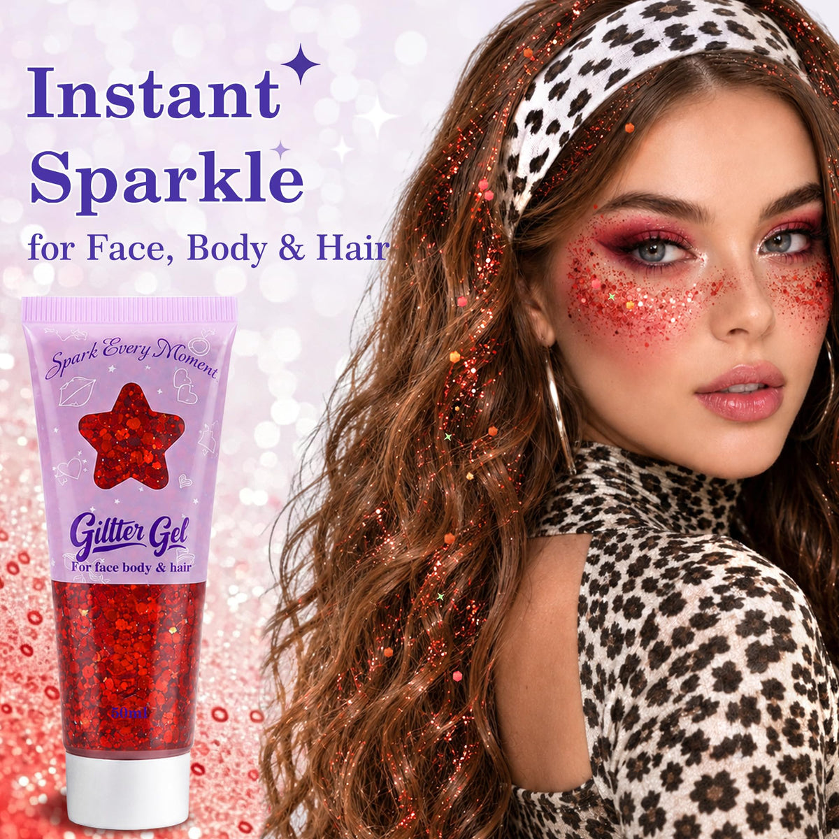 Red Body Glitter Gel for Face, Body and Hair, 50ml
