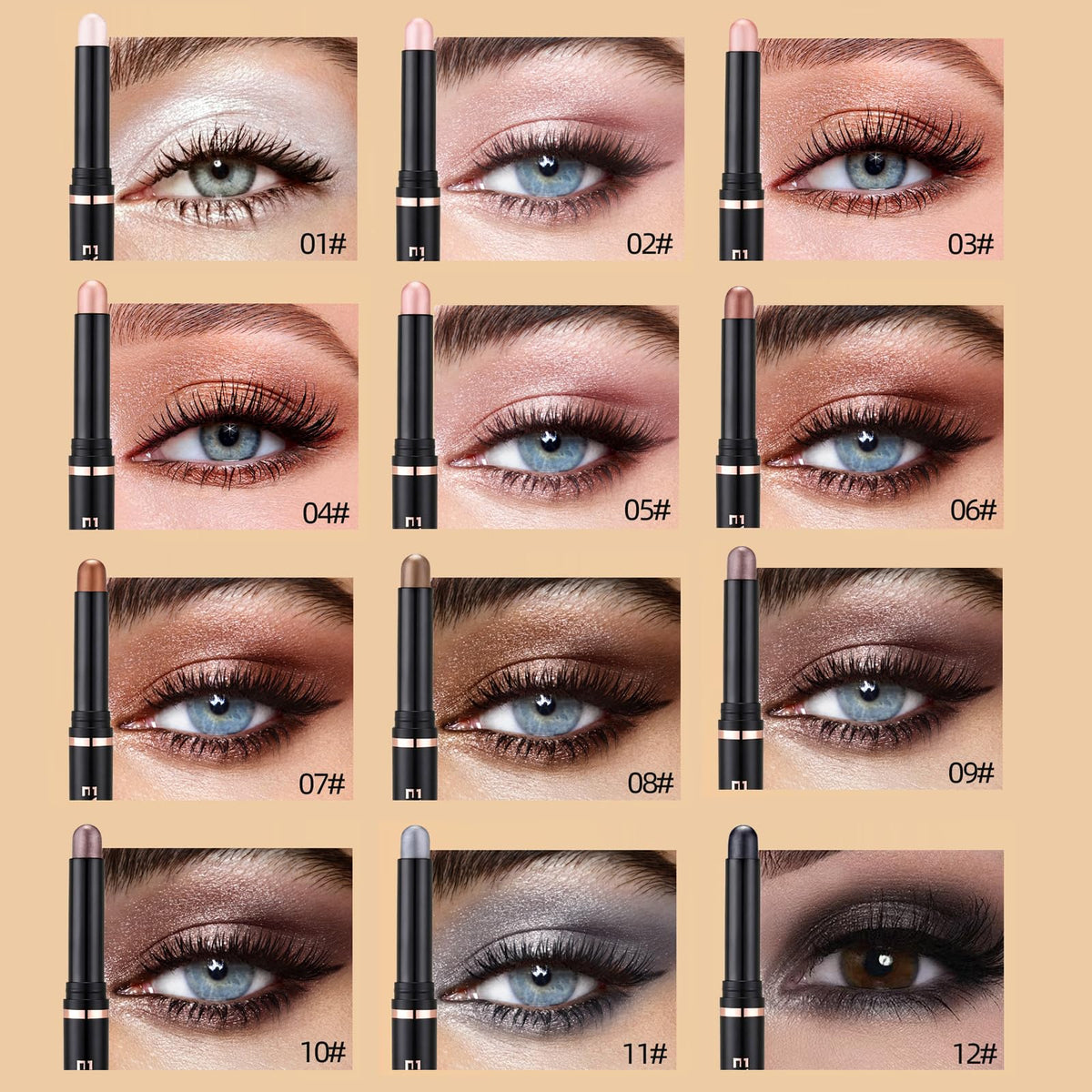 12 Colors Shimmer Eyeshadow Stick Set, Cream Eye Shadow Pen for Beginners