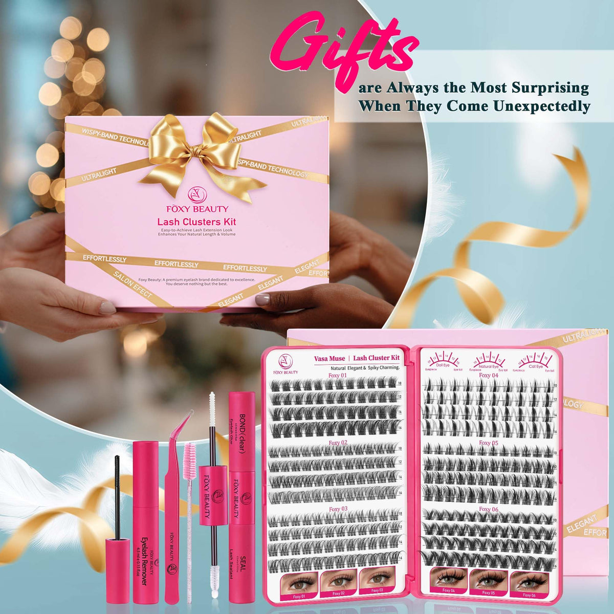 Foxy Beauty Lash Clusters Kit Lashes Wispy Lash Clusters Natural Eyelash Clusters Manga spikes Cluster Eyelash Extensions invisible Band Fairy Eyelashes with Lash glue & Seal remover tweezers 10-16mm