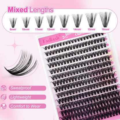 FADLASH Lash Clusters Kit 280PCS Natural Eyelash Clusters Individual D Curl Cluster Eyelash Extensions 8-16mm with Lash Bond and Seal Lash Tweezer for Beginners Soft Thin Band (40D-0.07D-8-16mm KIT)
