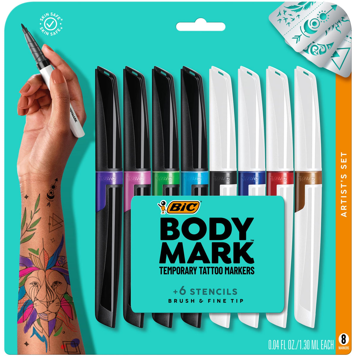 BIC BodyMark Temporary Tattoo Markers for Skin, 8-Count Pack, Mixed Tip