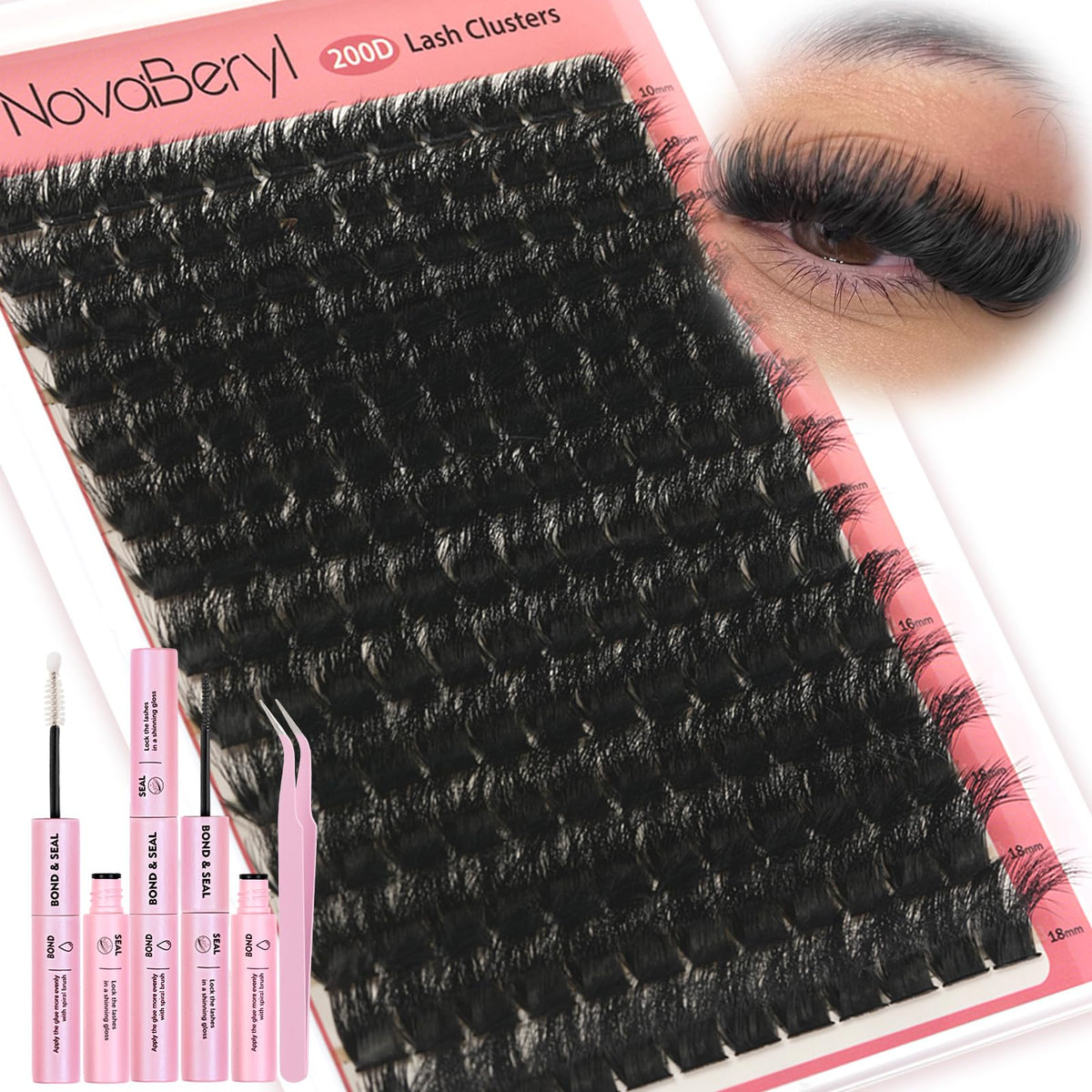 NovaBeryl Lash Clusters Kit, Fluffy 200D Thick Volume Lash Clusters 10–18mm, Individual Fluffy Cluster Lashes with Bond & Seal and Tweezers, DIY Eyelash Extension Kit