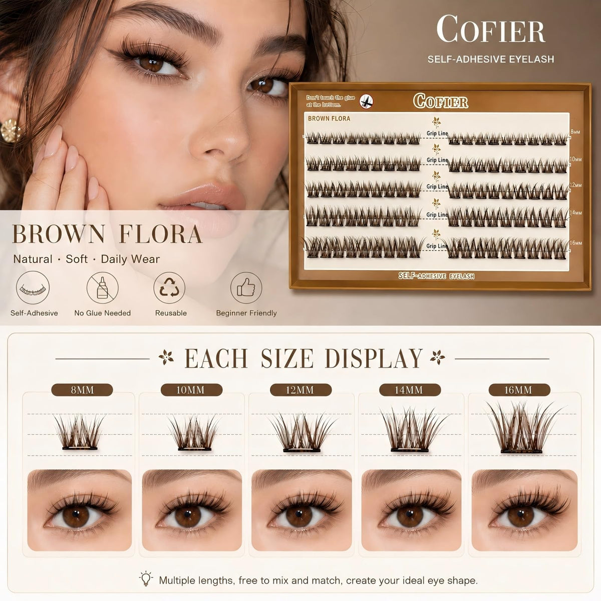 Pre Glued Wispy Lash Clusters Kit, 90 Pcs Individual Eyelash Clusters (Brown 8-16mm/C Curl) - Lash Extension Kit with Eyelashes Tweezers and Clips, Natural Fake Lashes No Glue Need, Beginners Friendly