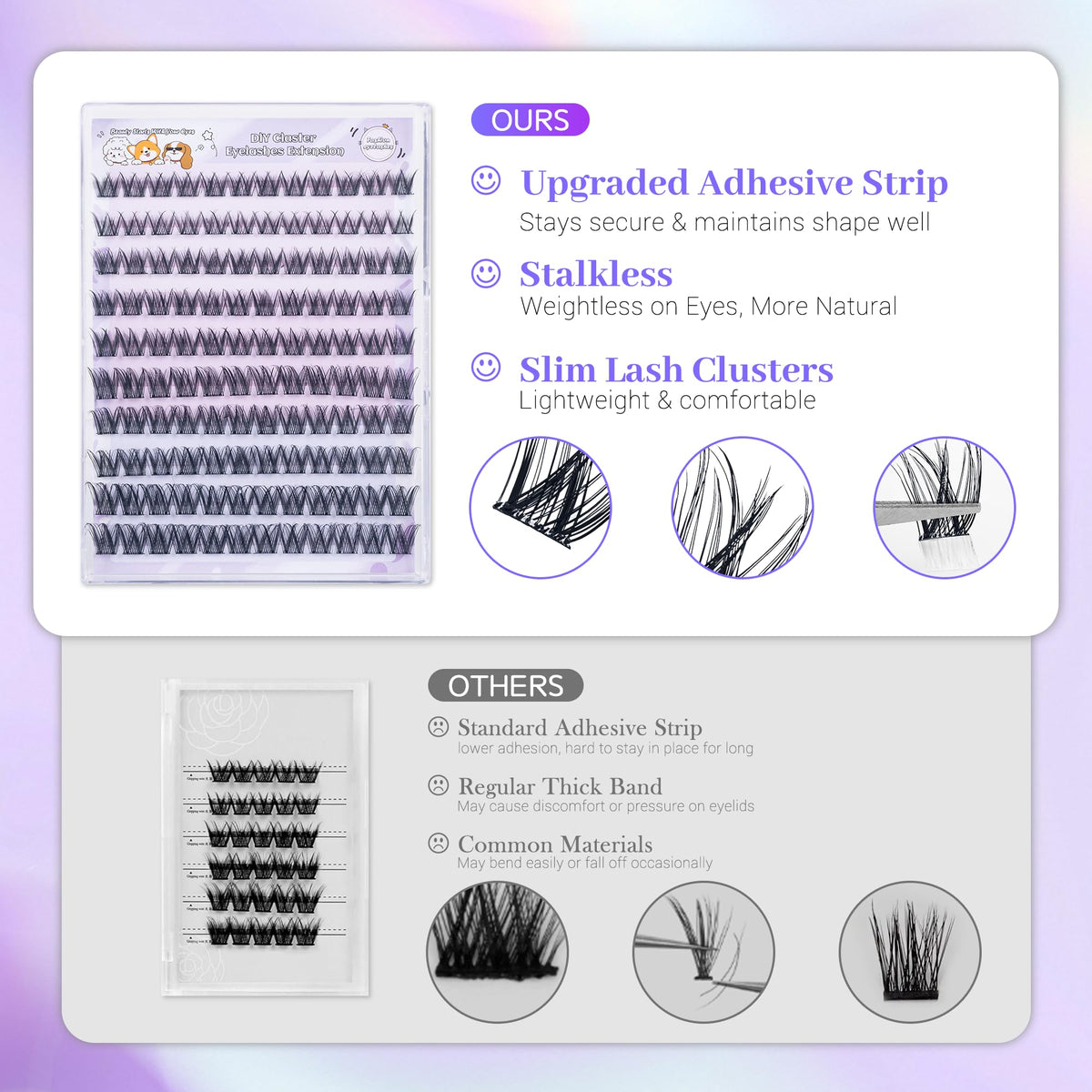 Self Adhesive Eyelashes, Individual Lashes Clusters for Fluffy Lash Clusters Kit, Pre Lash Glue Wispy Cluster Eyelash Extensions Kit Easy to Apply 120 PCs 8mm 10mm 12mm 14mm