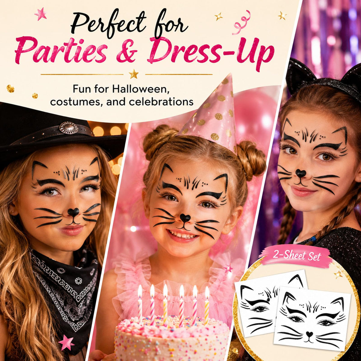 Black Glitter Cat Face Sticker for Kids Cat Face Paint Stickers