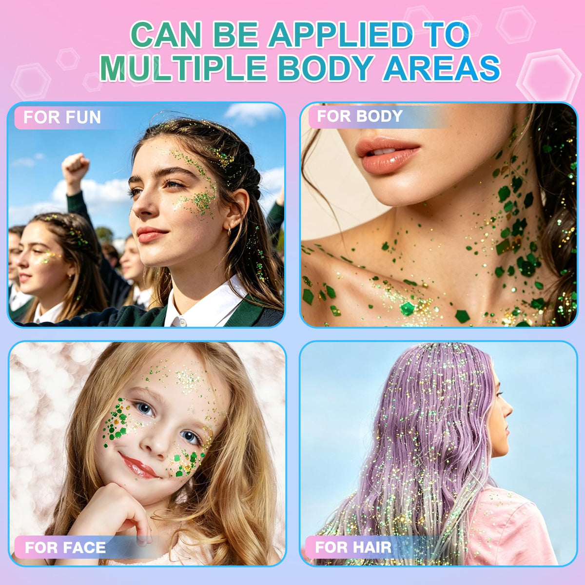 Pink Body Hair Glitter Gel(18ml*2),Self-Adhesive Cosmetic Glitter for Kids