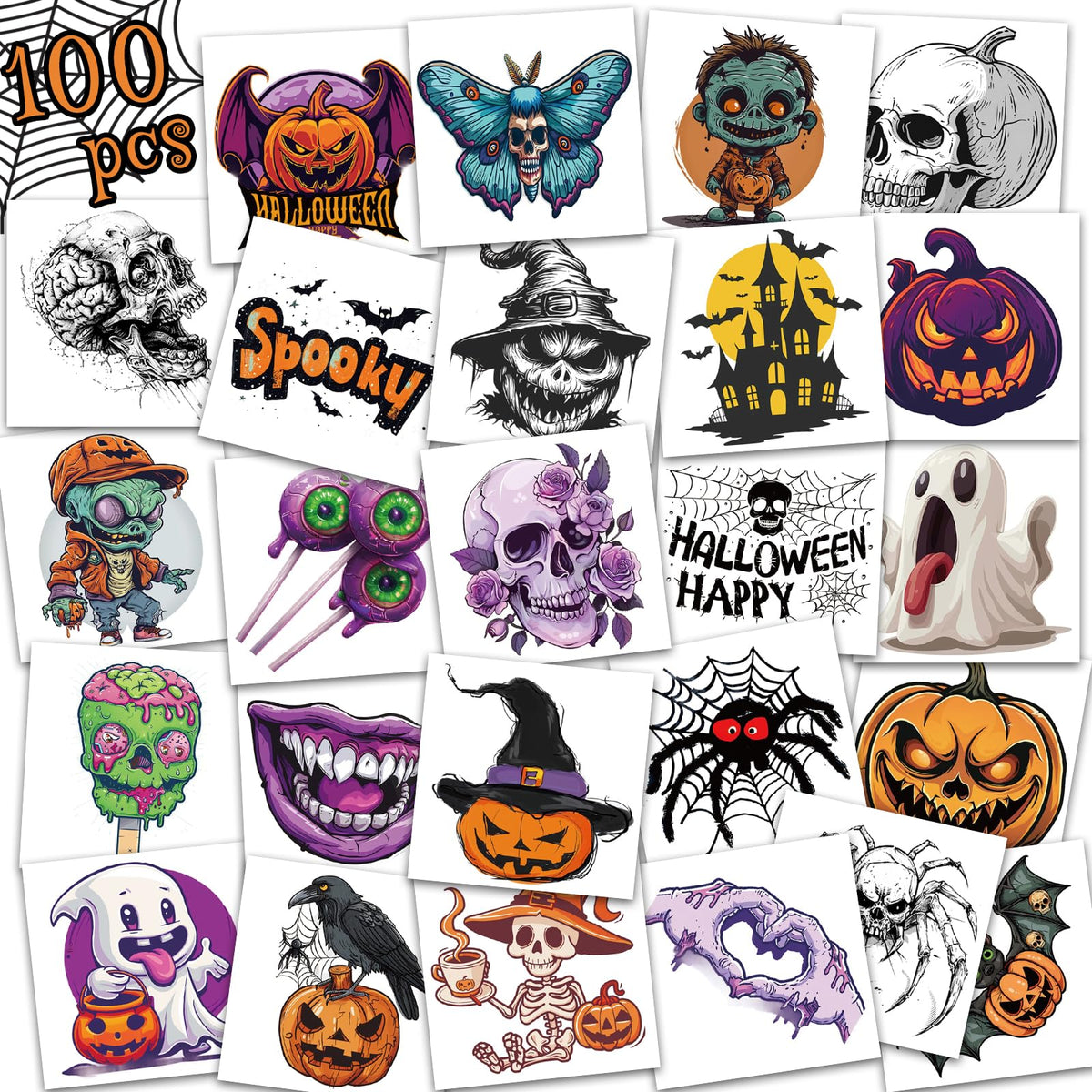 Ozepao 100 Pcs Halloween Temporary Tattoos for Adults and Kids