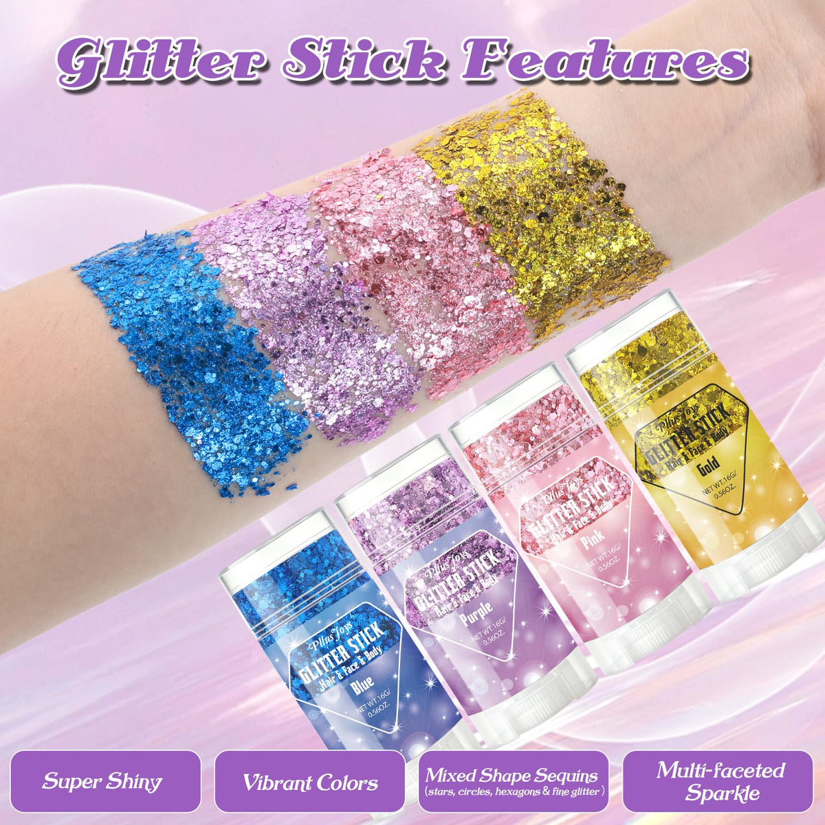 4Pcs Body Glitter Stick Set (Pink/Blue/Gold/Purple) Each 0.56oz