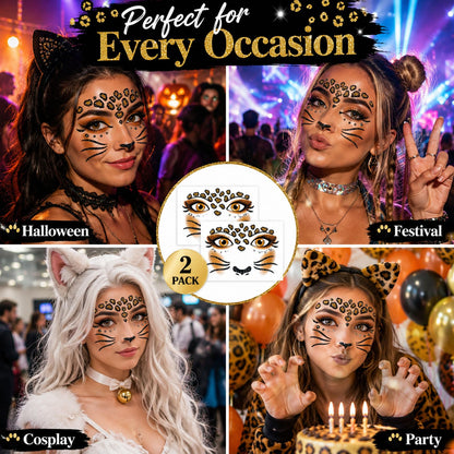 Leopard Face Tattoo Stickers with Glitter Face Jewels, 2Pcs Cute Leopard Self-adhesive Temporary Tattoo for Adult Kids Animal Makeup, Halloween, Cosplay Party Decoration Supplies