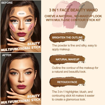 3Pcs Contour Stick Kit,Shades with Highlighter Blush Bronzer, LIGHT MEDIUM