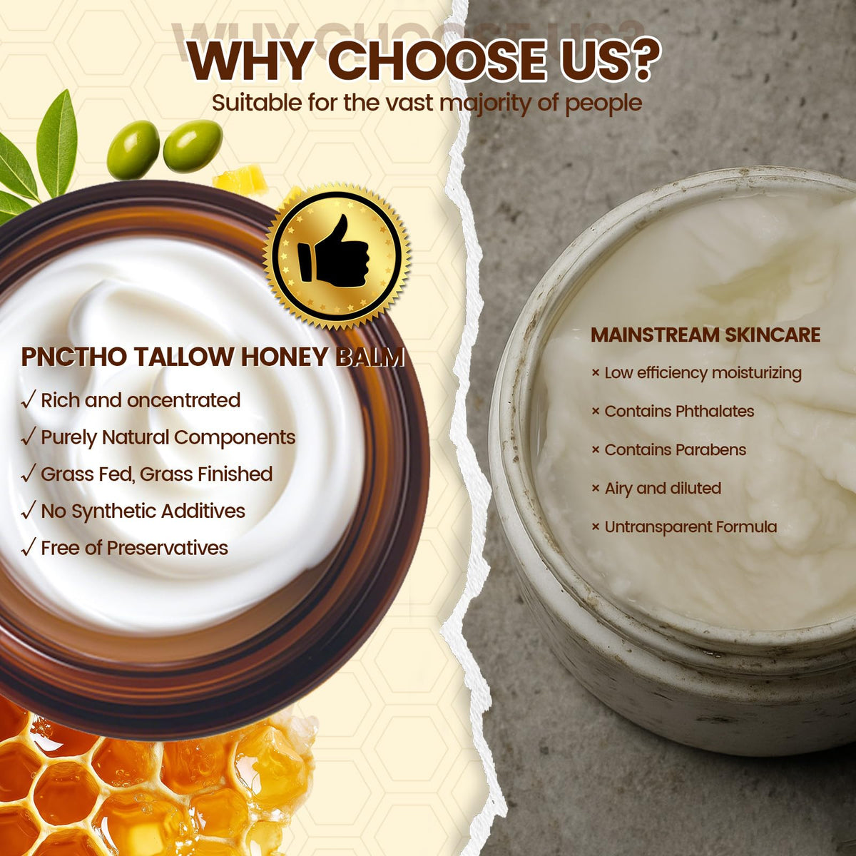 Pnctho Beef Tallow for Skin, Tallow and Honey Balm with 100% Grass-Fed Beef Tallow & Raw Wild Honey, Natural Face & Body Moisturizer for Deep Hydration, Barrier Repair, Soothing Relief 2.1 OZ
