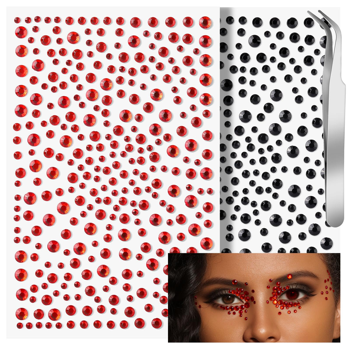 Teenitor Red and Black Face Gems Black Face Rhinestone Makeup Festival Face Jewels Red Stick on Gems, Self-Adhesive Rhinestone Set for Halloween Makeup